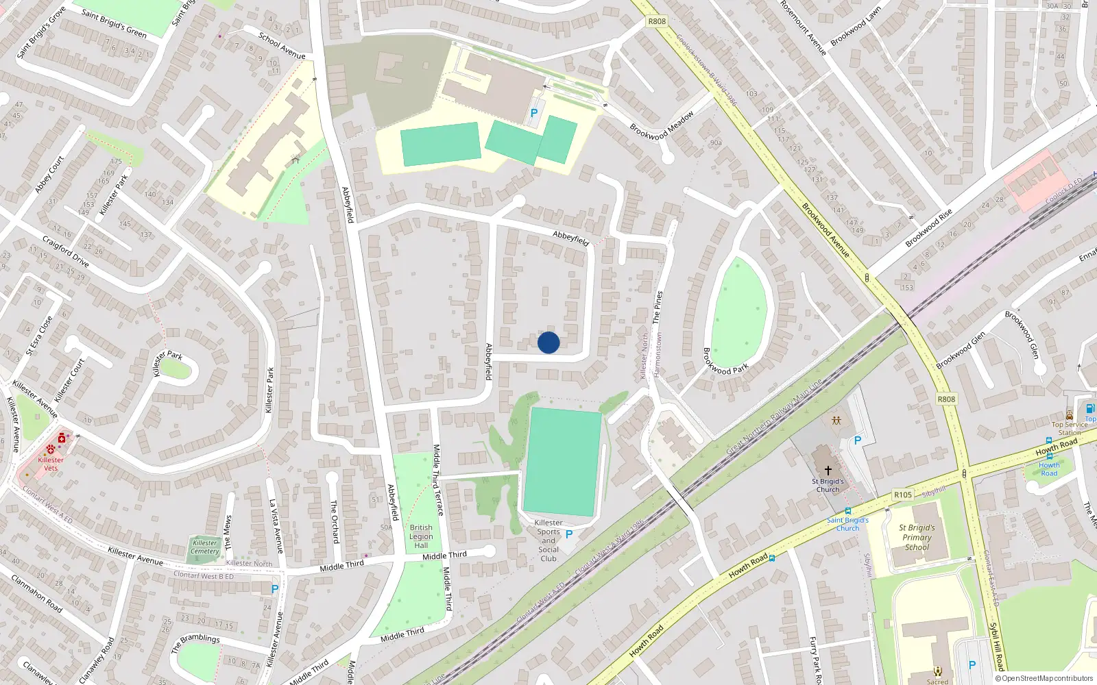 Overhead map showing the location of 74 Abbeyfield, Dublin 5