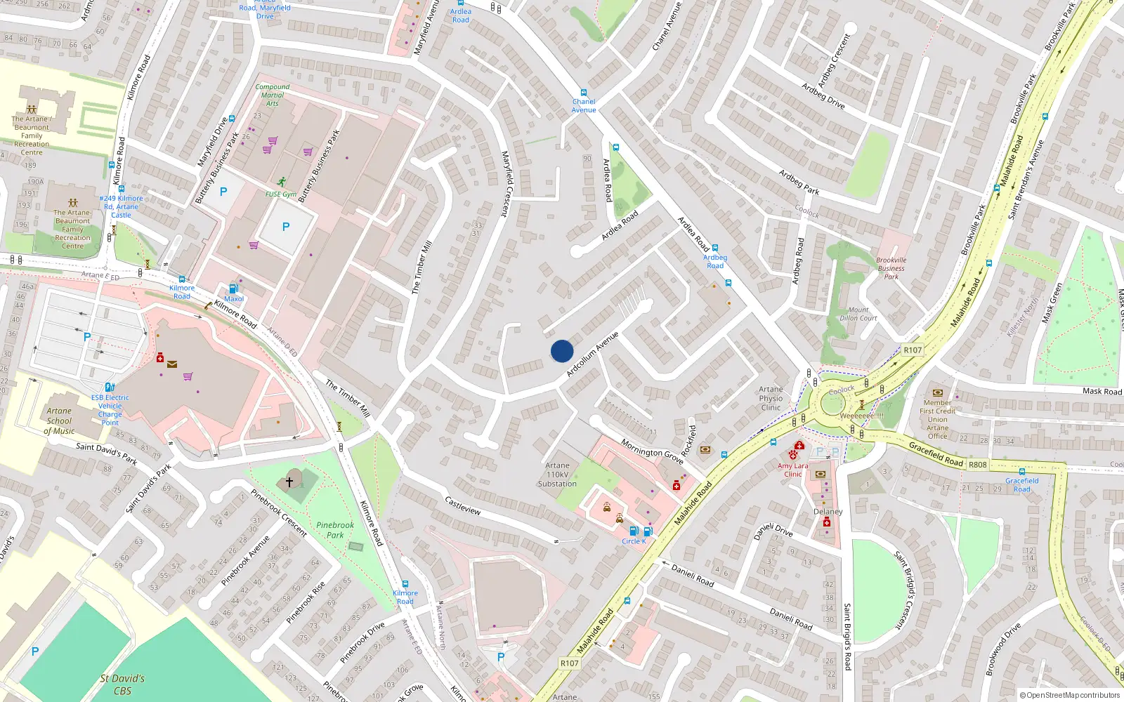 Overhead map showing the location of 74 Ardcollum Avenue, Dublin 5