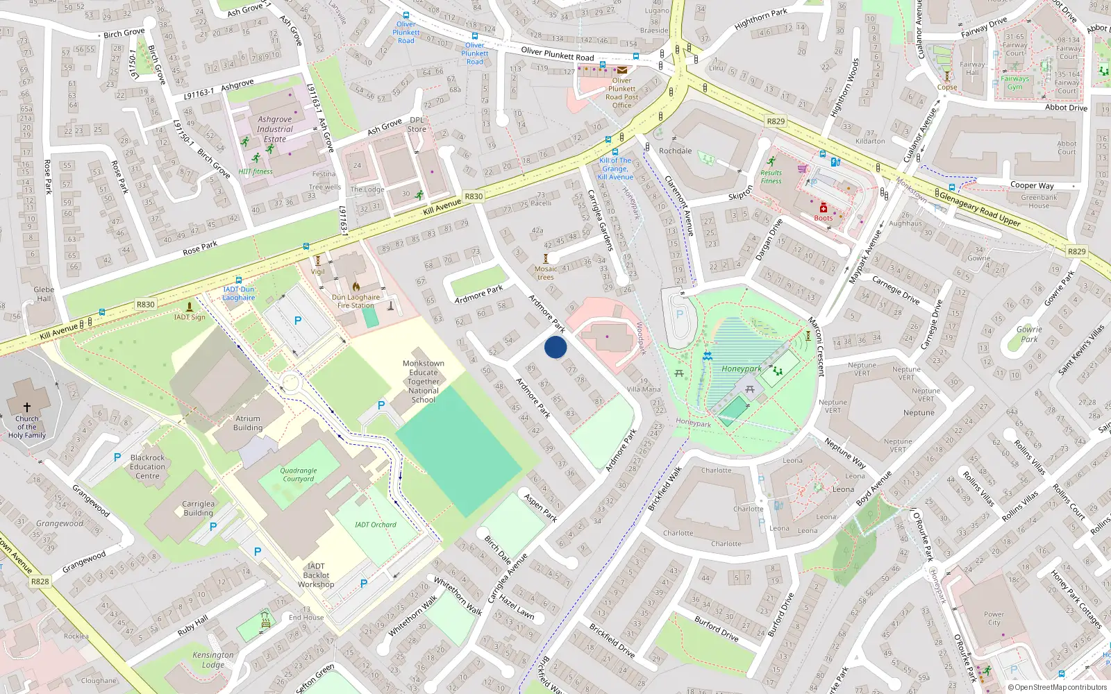Overhead map showing the location of 74 Ardmore Park, Dun Laoghaire, Dublin