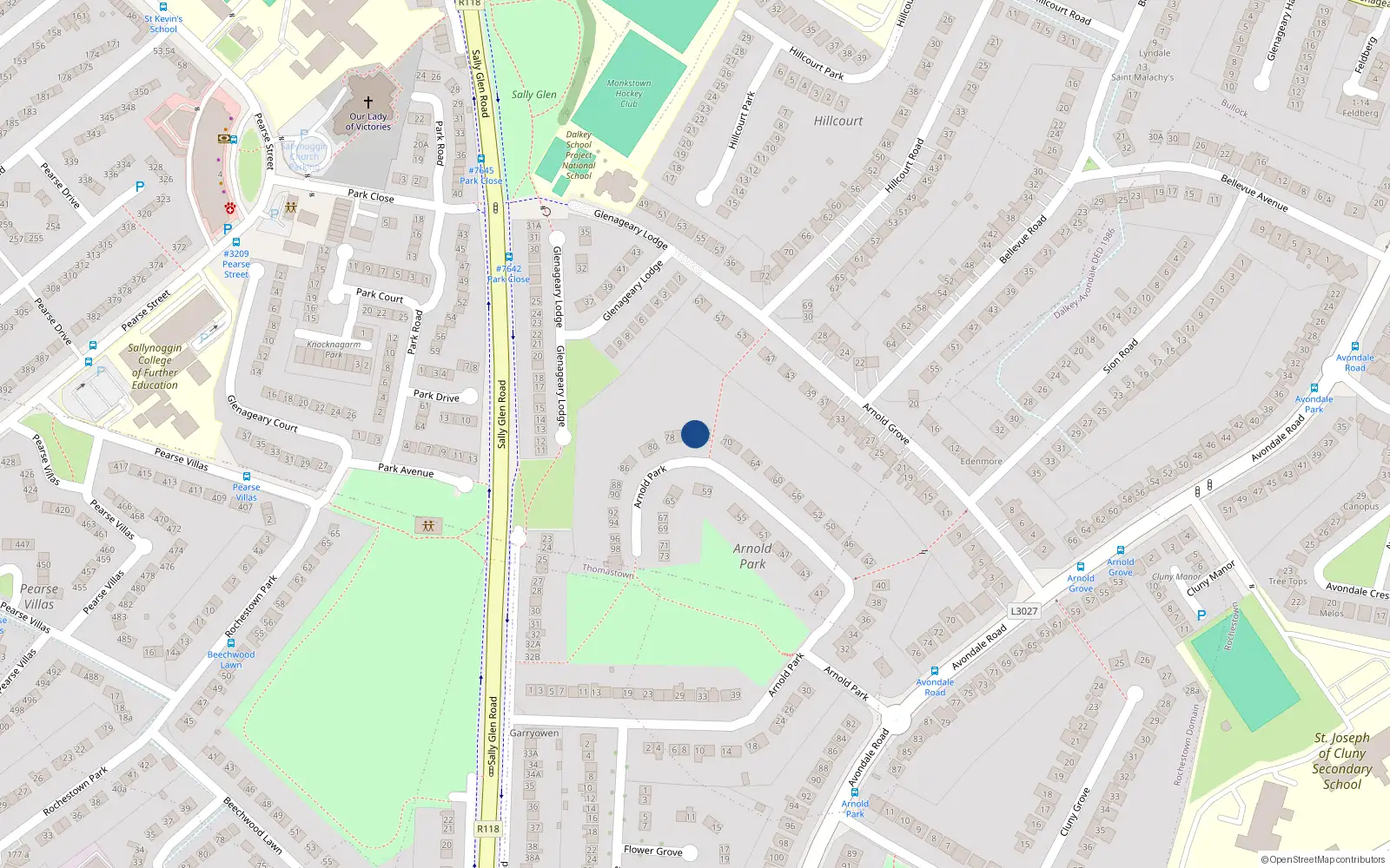 Overhead map showing the location of 74 Arnold Park, Dublin