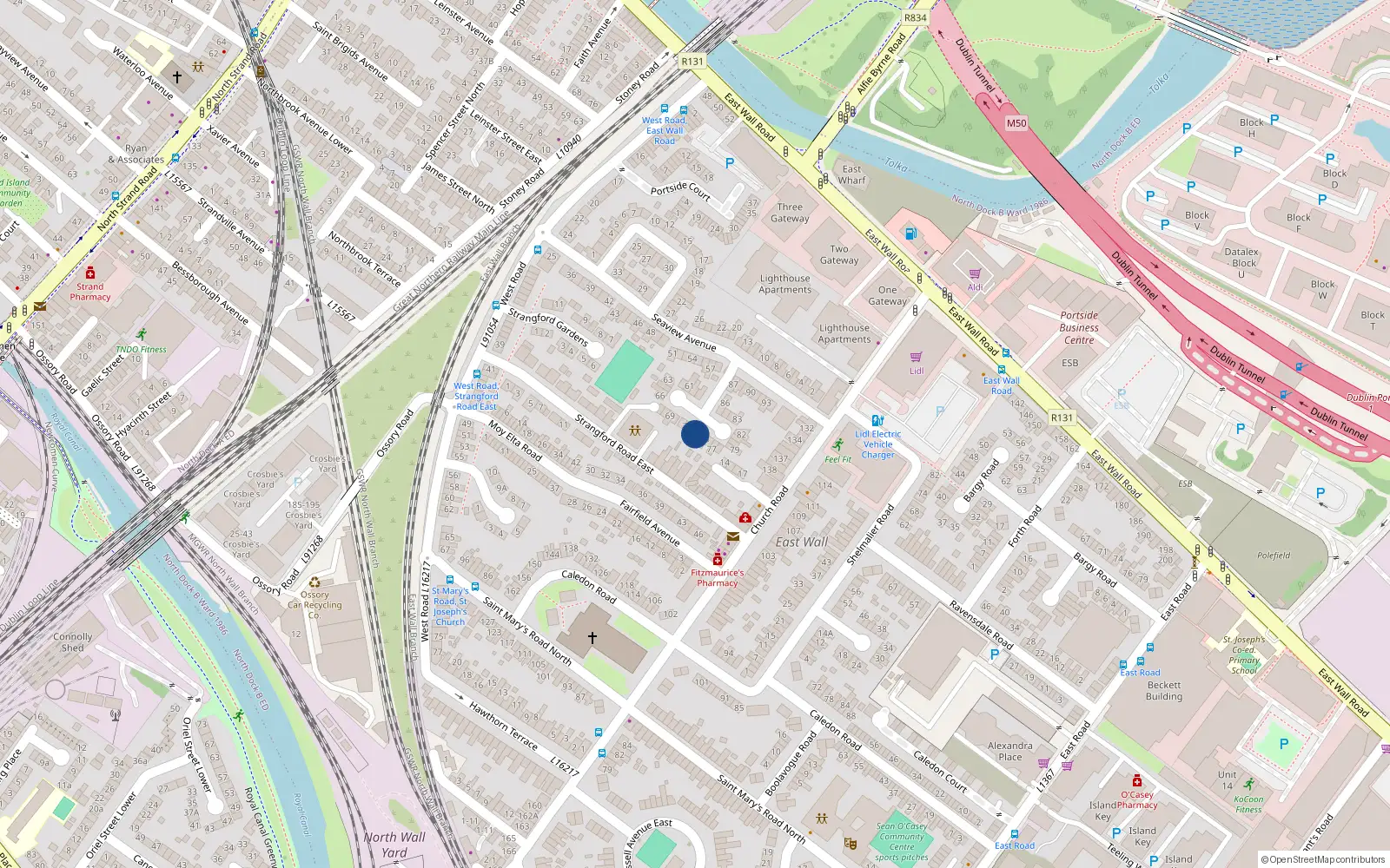 Overhead map showing the location of 74 Avenue East Wall, Seaview Dublin 3, Dublin
