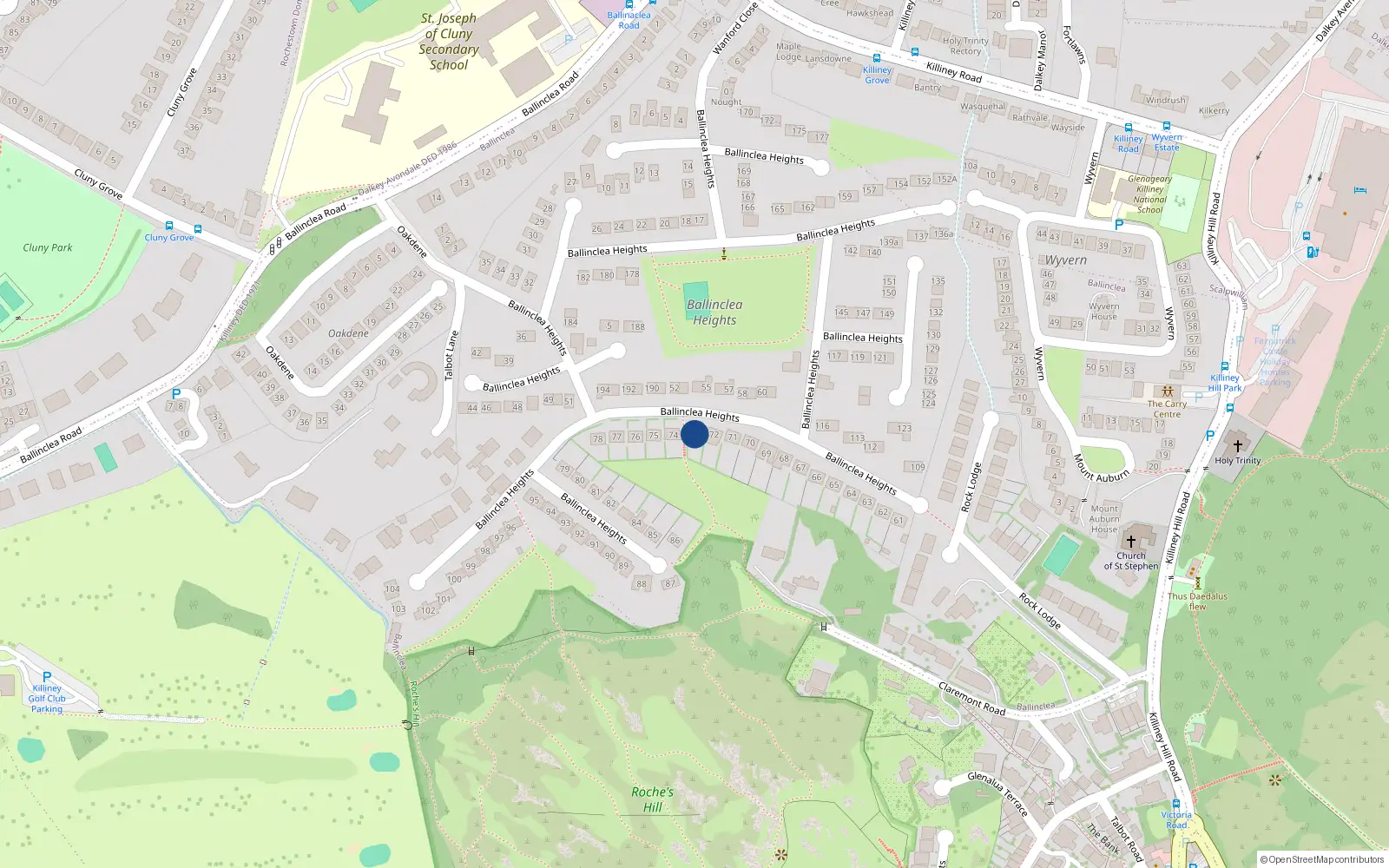 Overhead map showing the location of 74 Ballinclea Heights, Killiney, Dublin