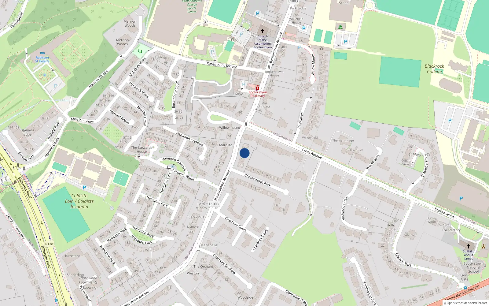 Overhead map showing the location of 74 Booterstown Avenue, Blackrock