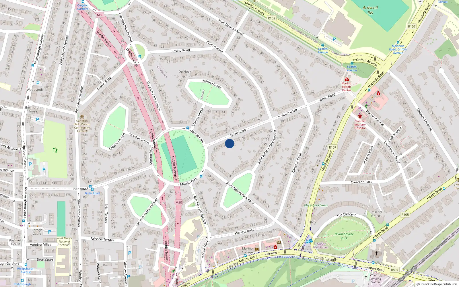 Overhead map showing the location of 74 Brian Road, Marino, Dublin 3
