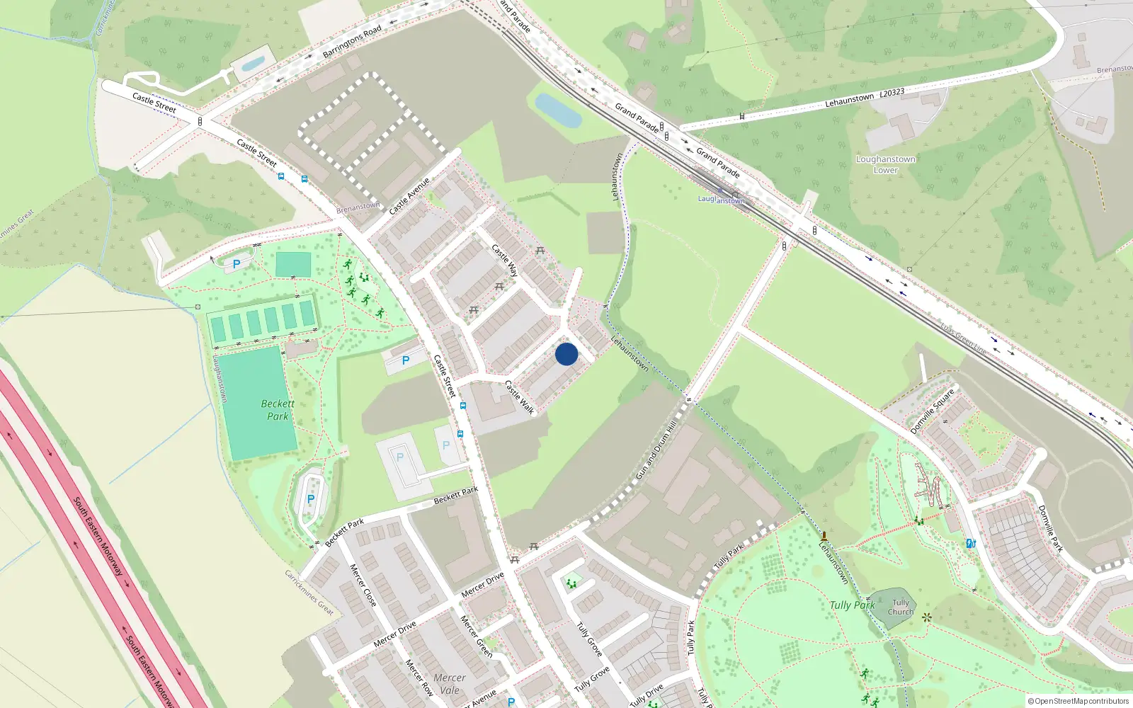 Overhead map showing the location of 74 Castle Way, Laughanstown