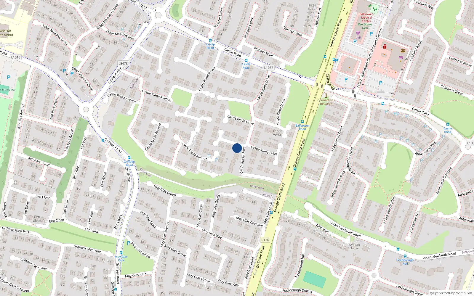 Overhead map showing the location of 74 Castleriada Drive, Lucan, Dublin