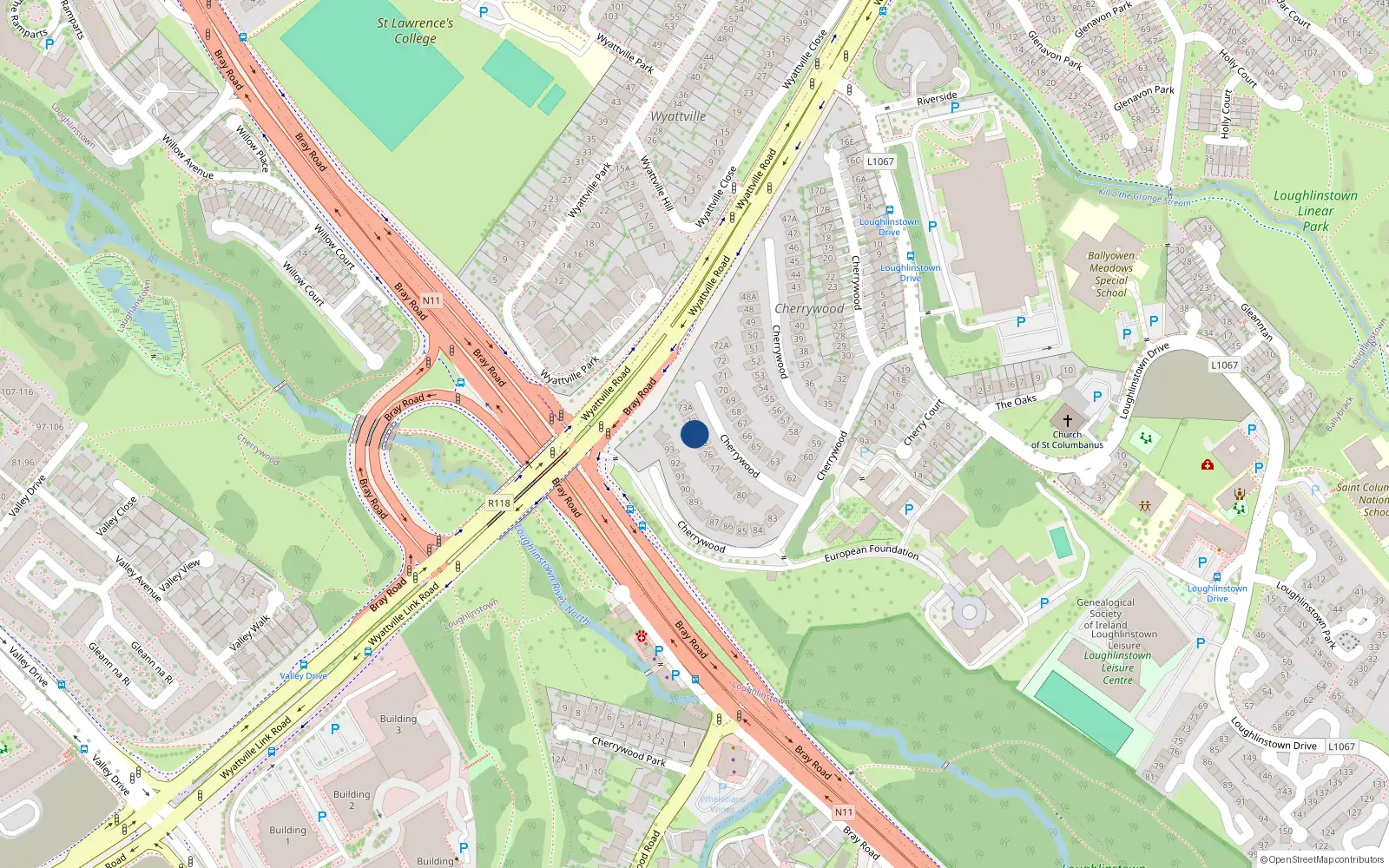 Overhead map showing the location of 74 Cherrywood, Loughlinstown, Dublin