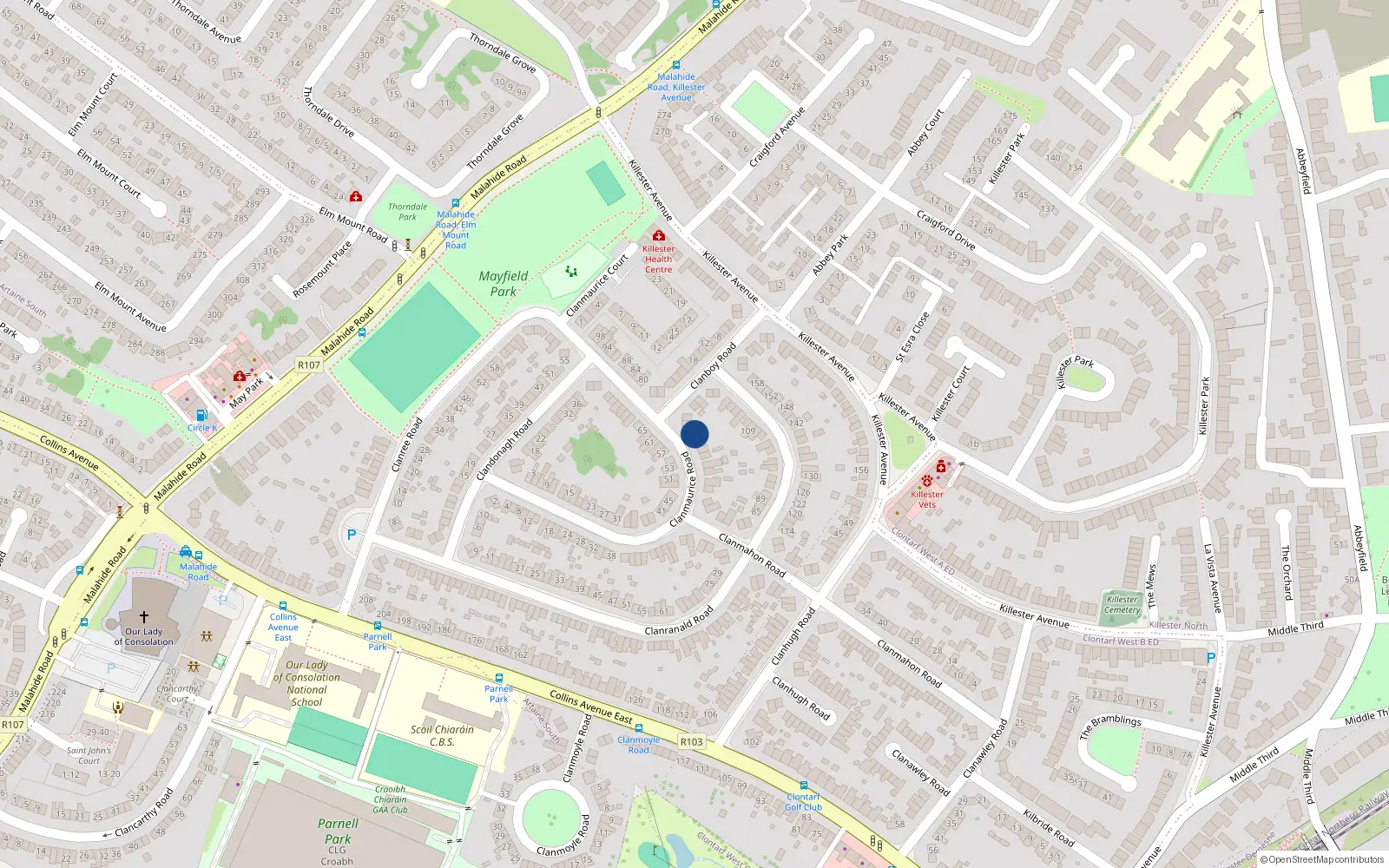 Overhead map showing the location of 74 Clanmaurice Road, Dublin 5