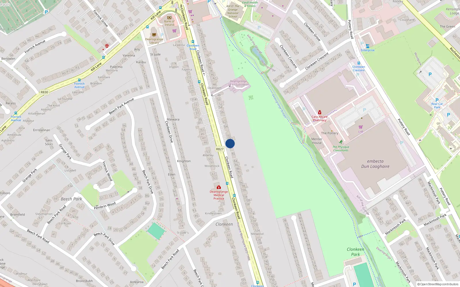 Overhead map showing the location of 74 Clonkeen Road, Deansgrange, Blackrock