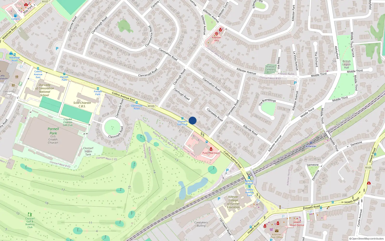 Overhead map showing the location of 74 Collins Avenue East, Dublin 5