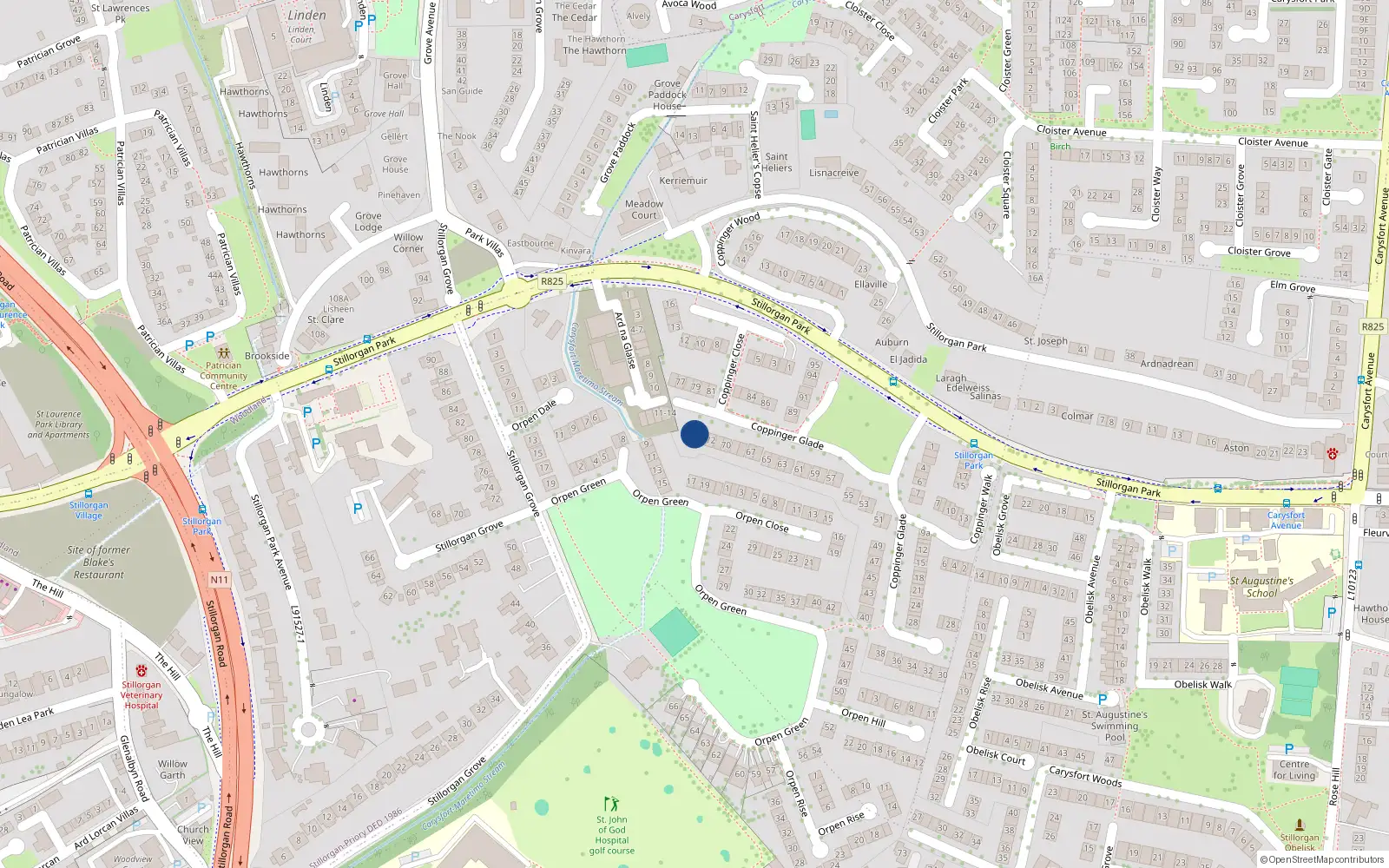 Overhead map showing the location of 74 Coppinger Glade, Dublin