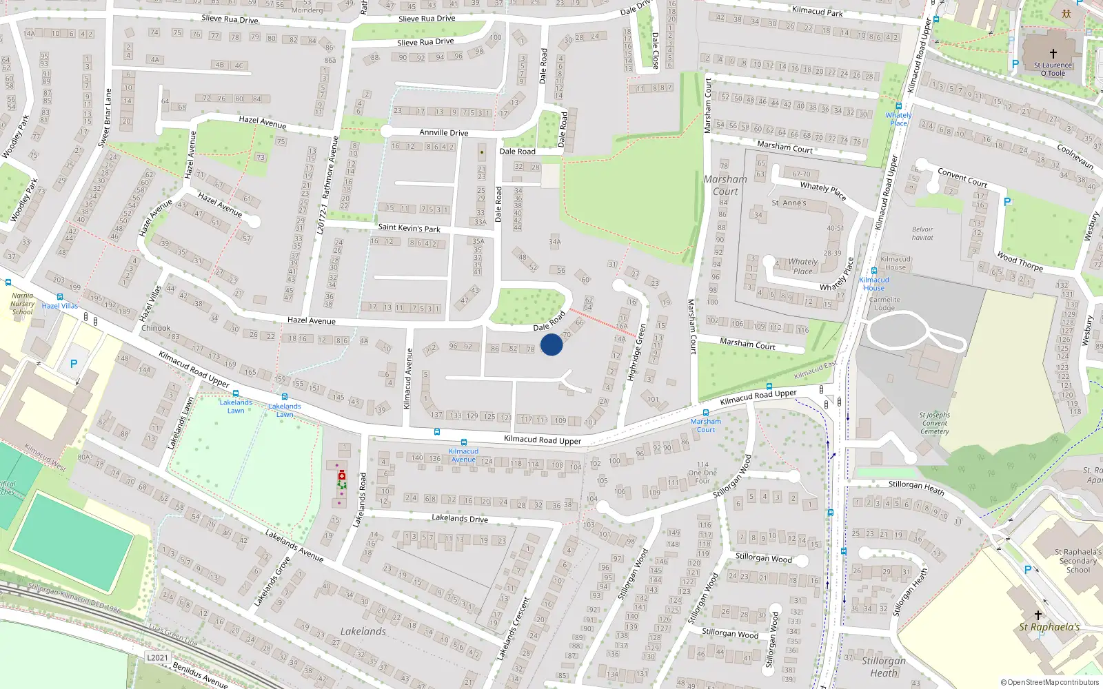 Overhead map showing the location of 74 Dale Road, Co Dublin