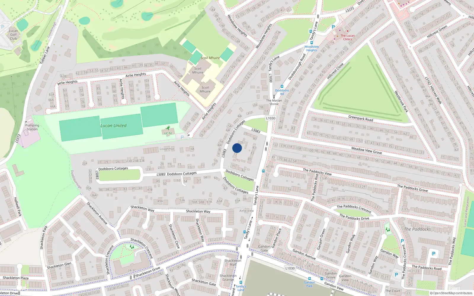 Overhead map showing the location of 74 Dodsborough Cottages, Lucan, Dublin