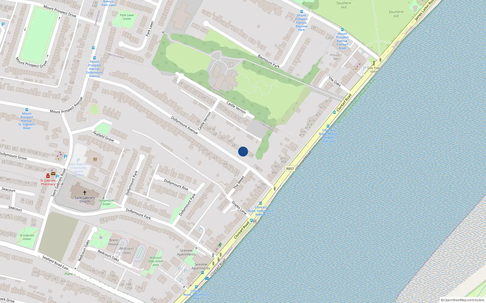 Overhead map showing the location of 74 Dollymount Avenue, Clontarf, Dublin 3