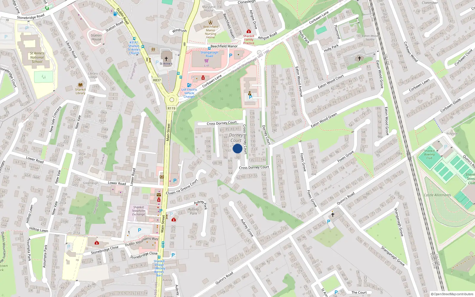 Overhead map showing the location of 74 Dorney Court, Shankill