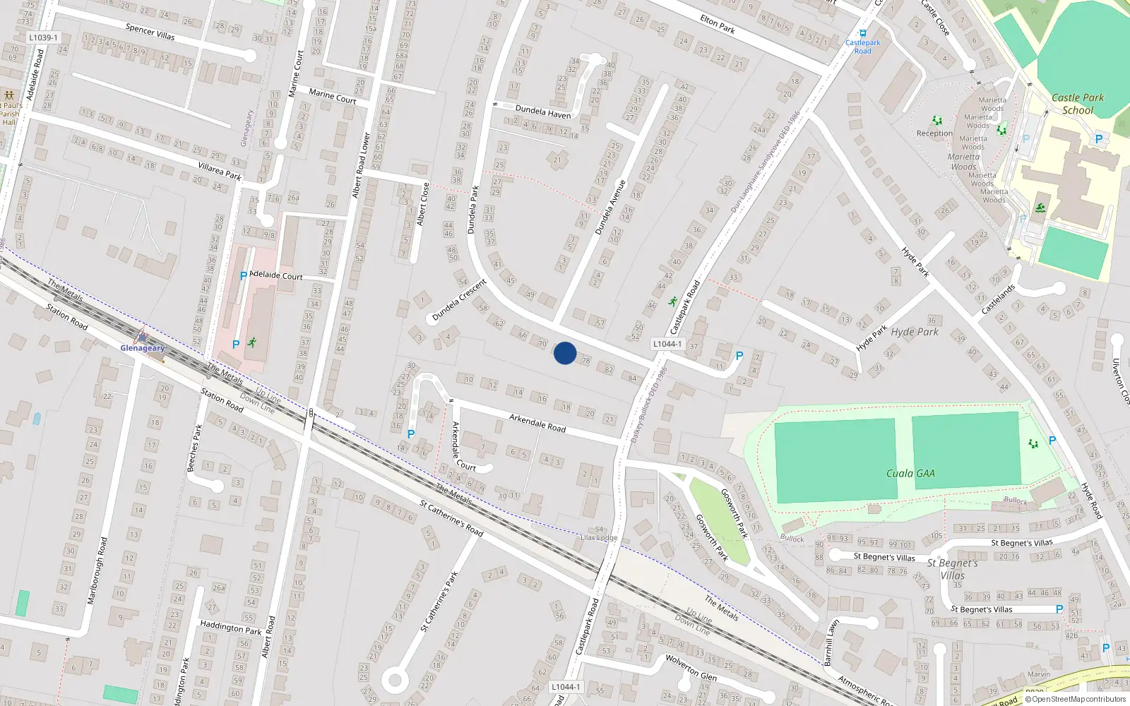 Overhead map showing the location of 74 Dundela Park, Dublin