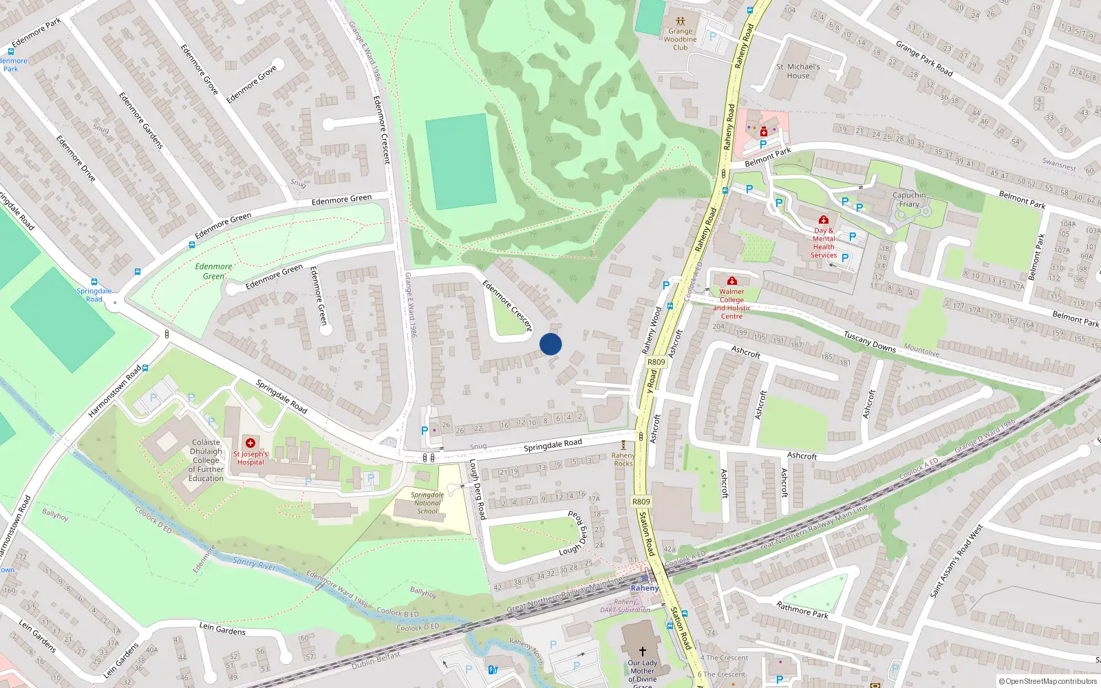 Overhead map showing the location of 74 Edenmore Crescent, Raheny, Dublin 5