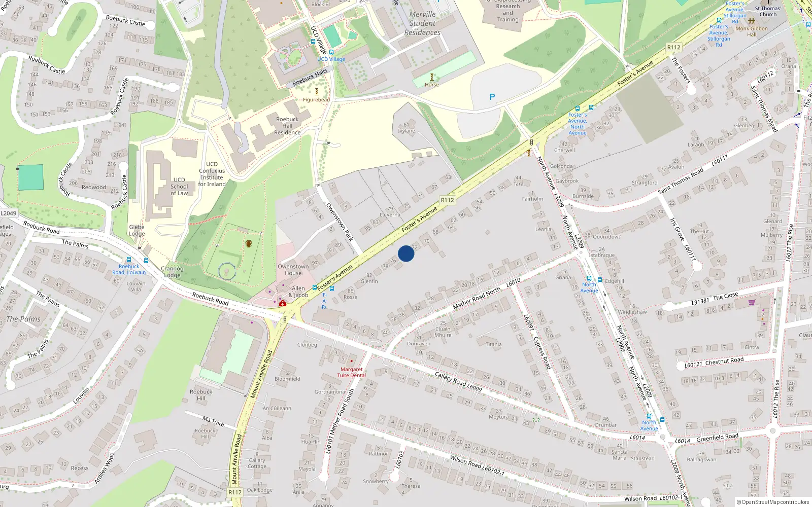 Overhead map showing the location of 74 Foster Avenue, Blackrock