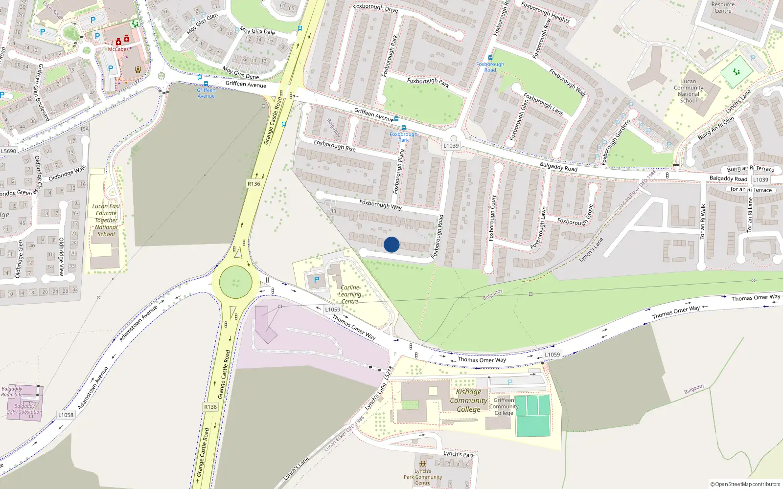 Overhead map showing the location of 74 Foxborough Road, Lucan, Dublin