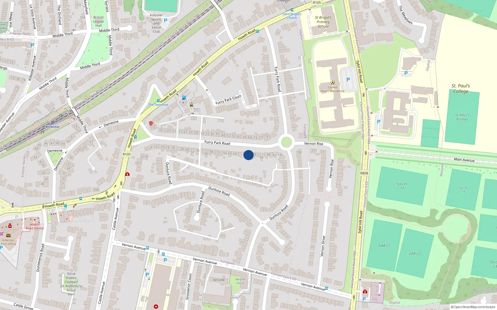 Overhead map showing the location of 74 Furry Park Road, Dublin 5