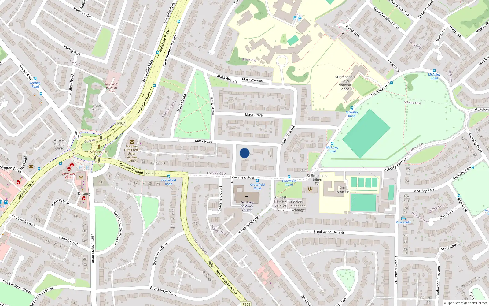 Overhead map showing the location of 74 Gracefield Road, Dublin 5
