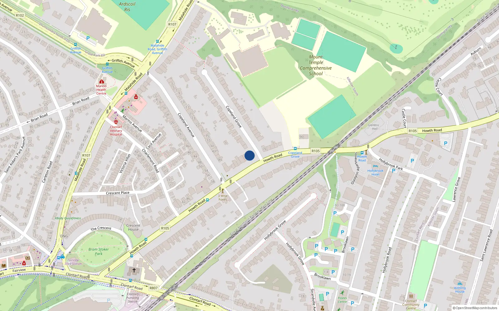 Overhead map showing the location of 74 Howth Road, Clontarf, Dublin 3