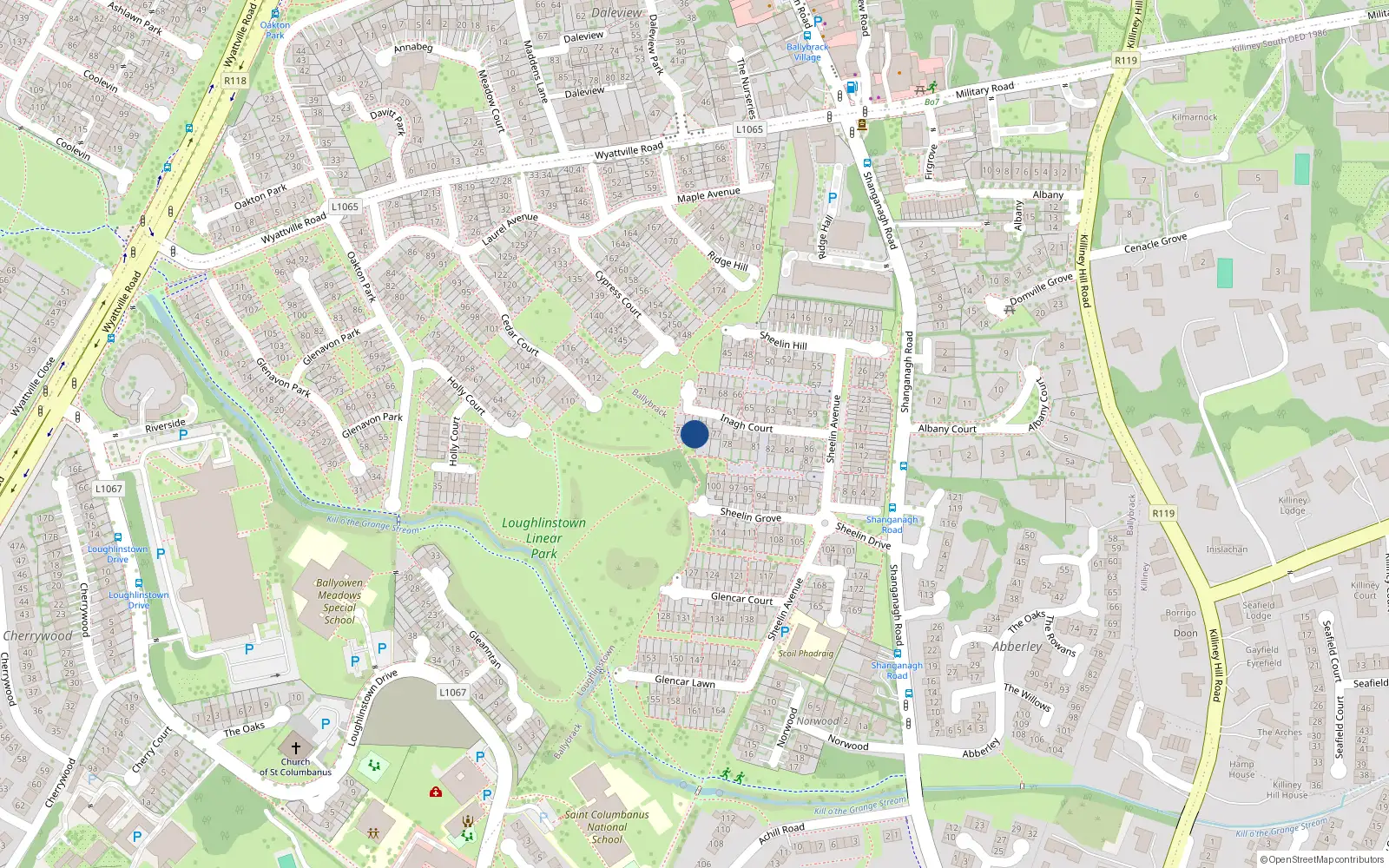 Overhead map showing the location of 74 Inagh Court, Ballybrack