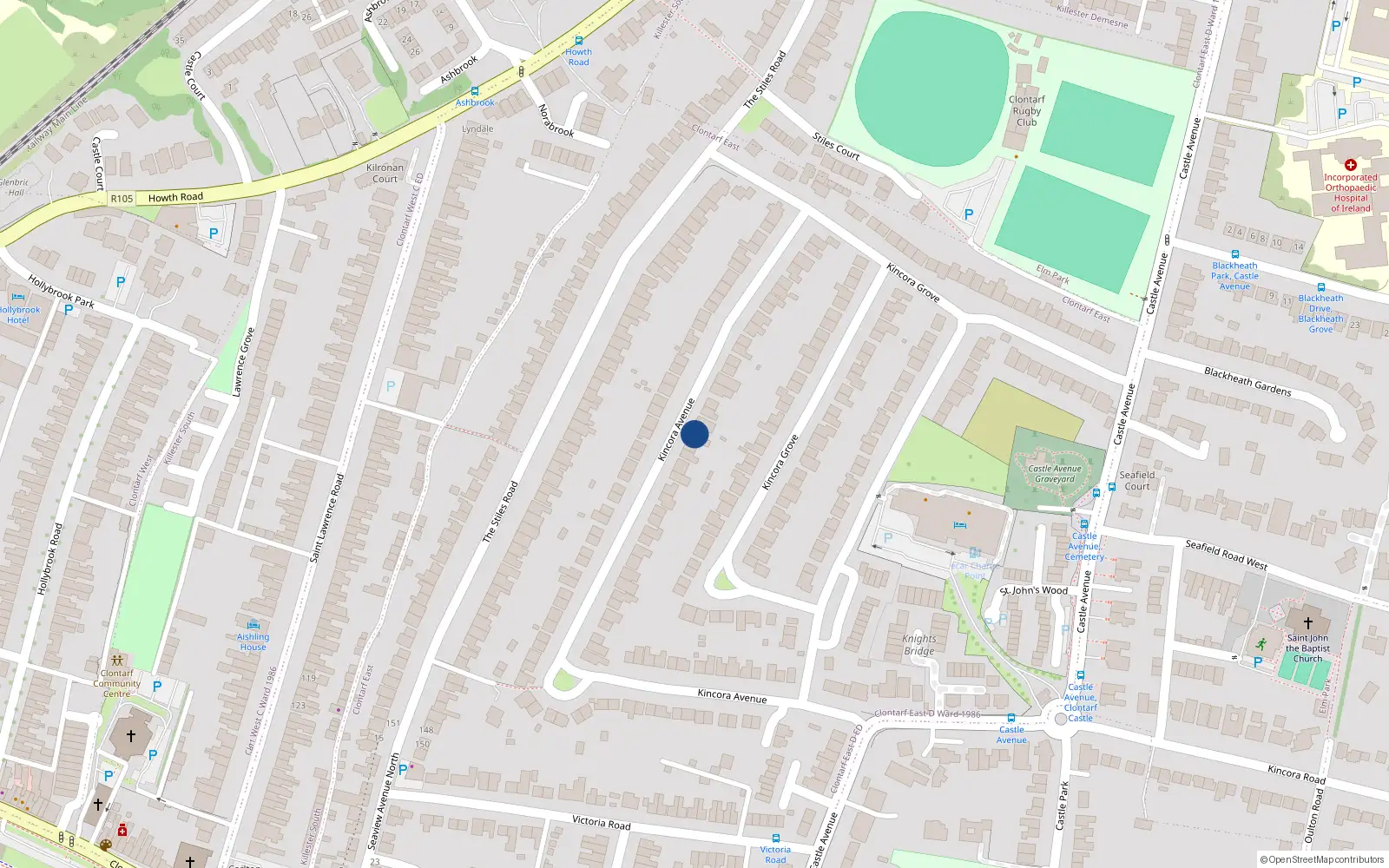Overhead map showing the location of 74 Kincora Avenue, Clontarf, Dublin 3