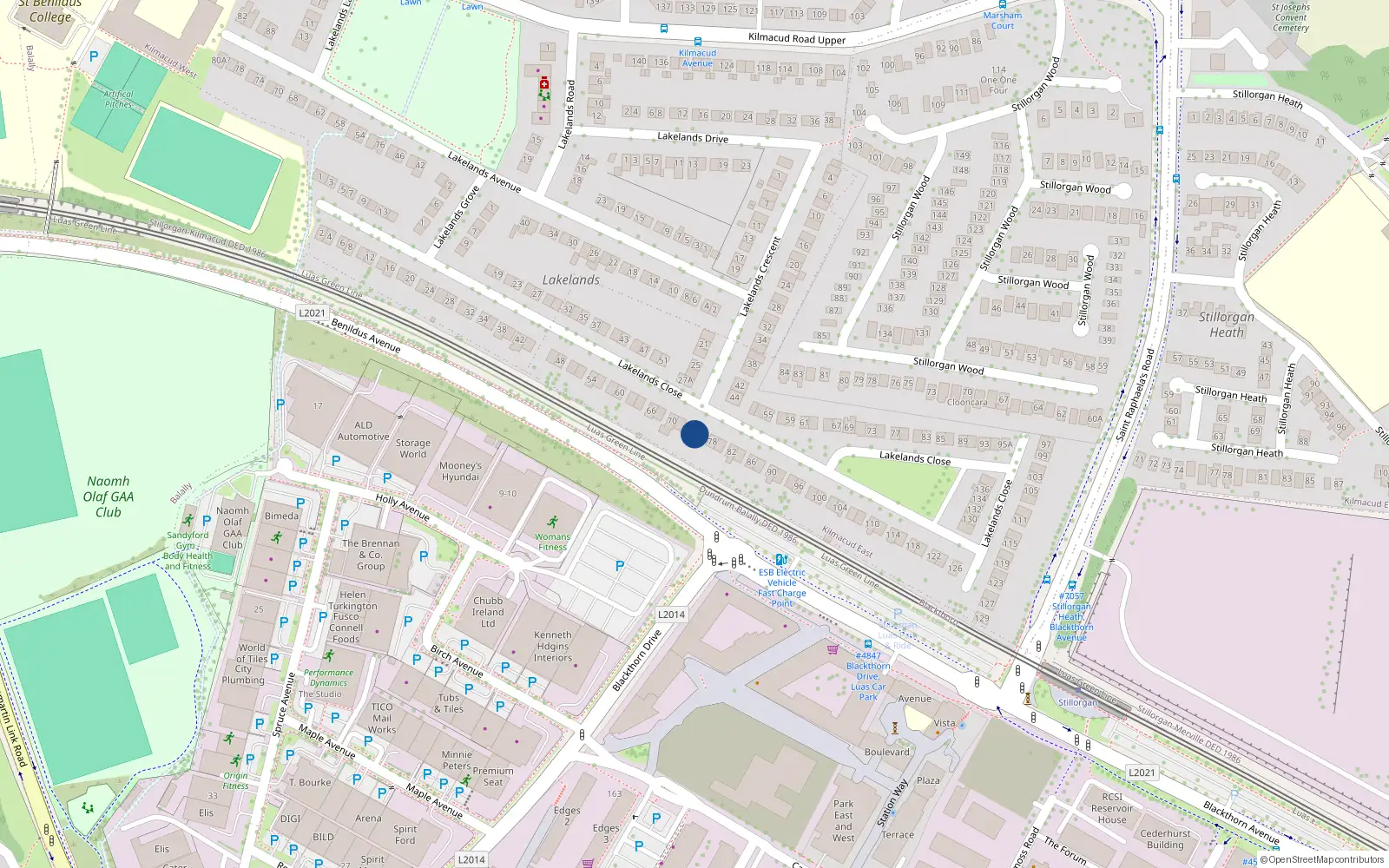 Overhead map showing the location of 74 Lakelands Close, Co Dublin