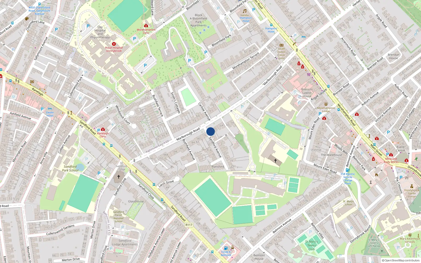 Overhead map showing the location of 74 Marlborough Road, Donnybrook