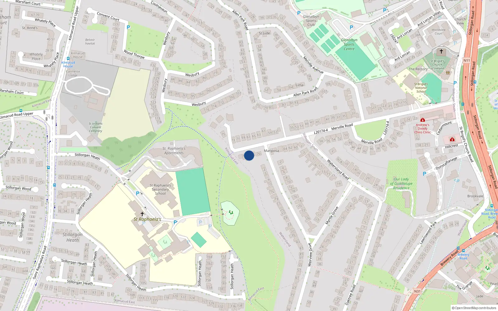 Overhead map showing the location of 74 Merville Road, Stillorgan, Dublin