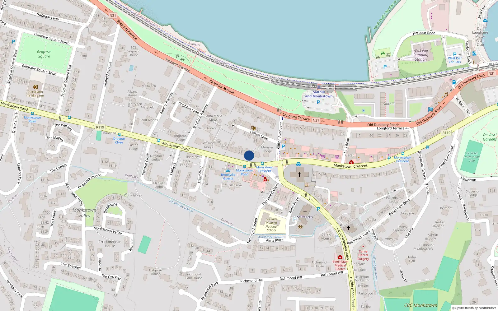Overhead map showing the location of 74 Monkstown Road, Monkstown, Co Dublin