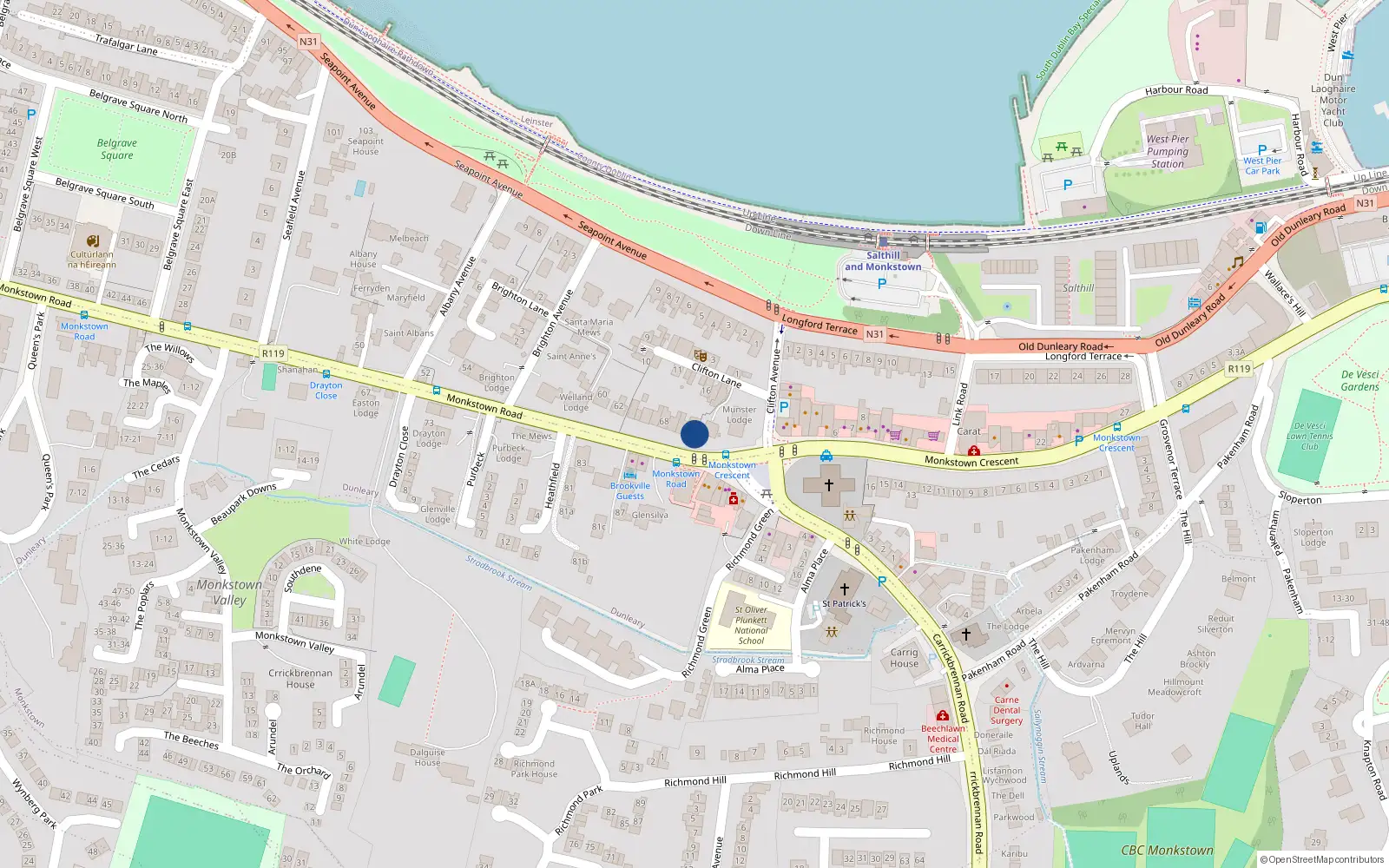 Overhead map showing the location of 74 Monkstown Road, Monkstown
