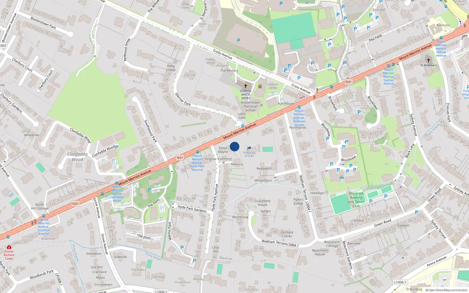 Overhead map showing the location of 74 Mount Merrion Avenue, Blackrock