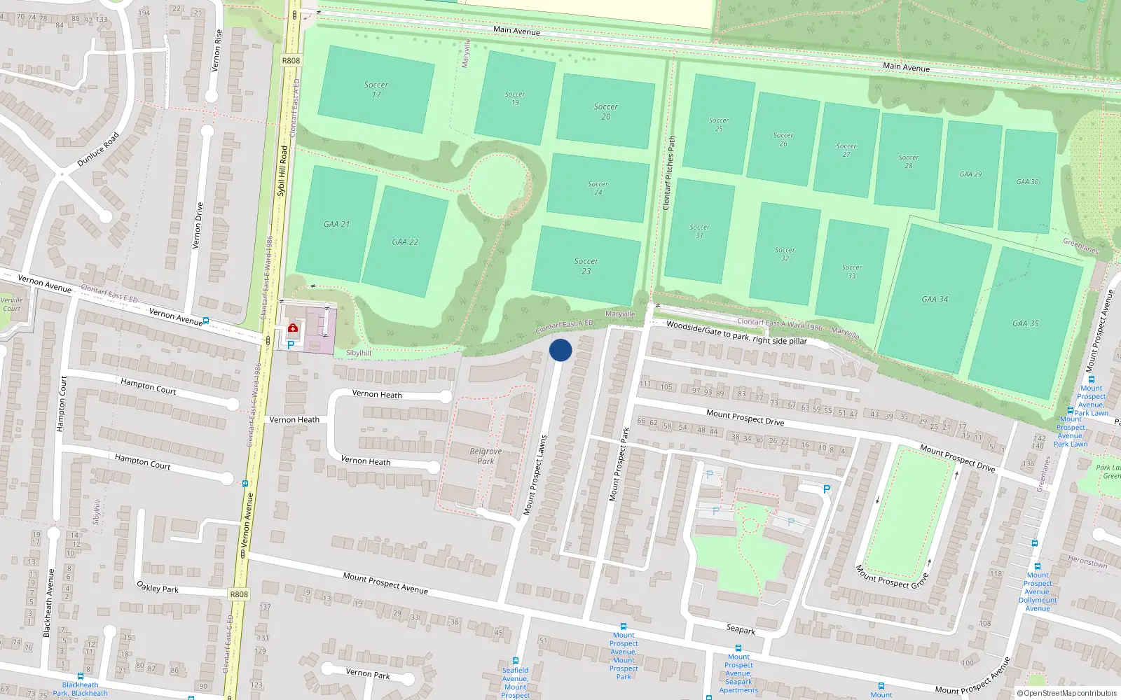 Overhead map showing the location of 74 Mount Prospect Lawns, Clontarf