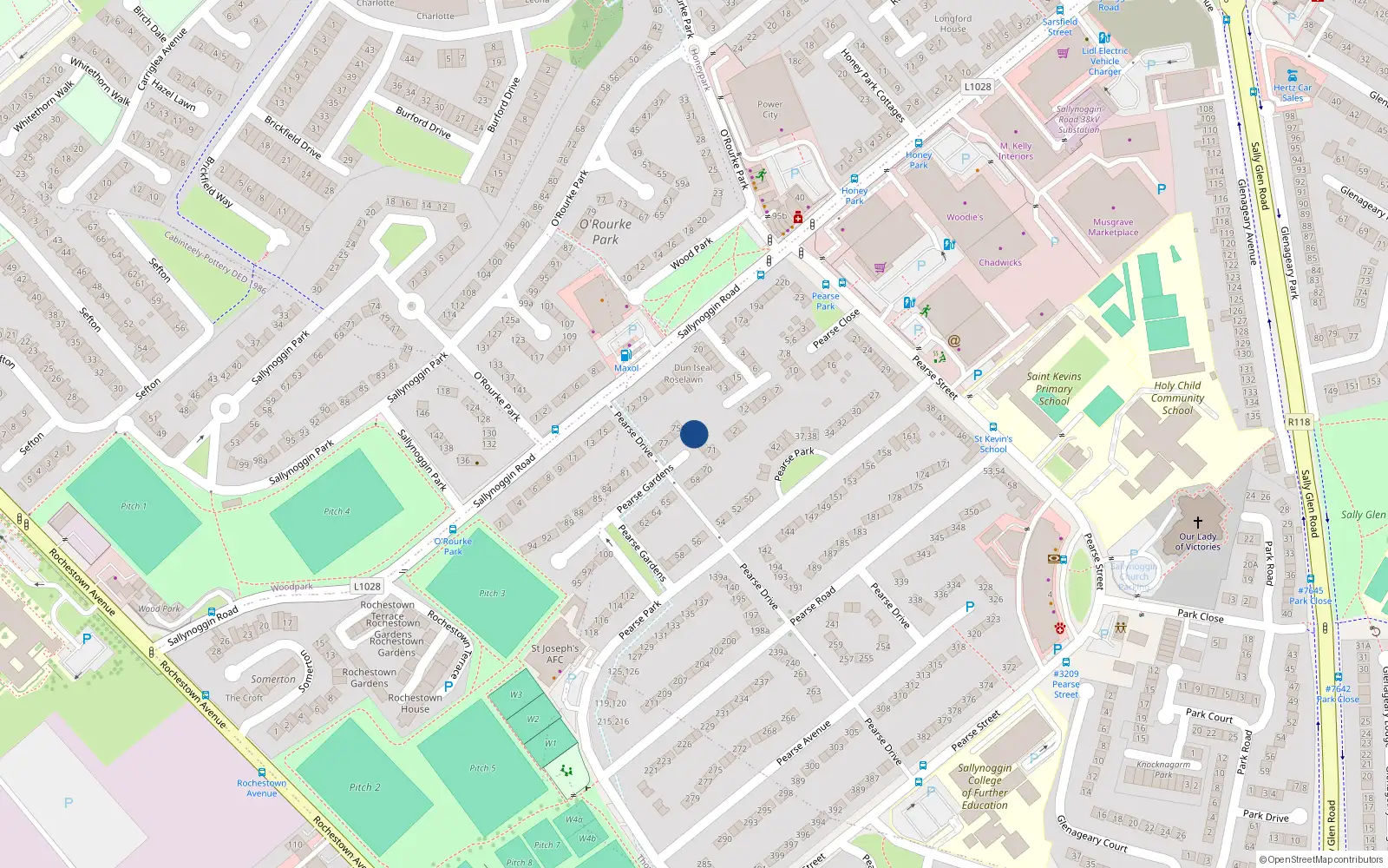 Overhead map showing the location of 74 Pearse Gardens, Sallynoggin