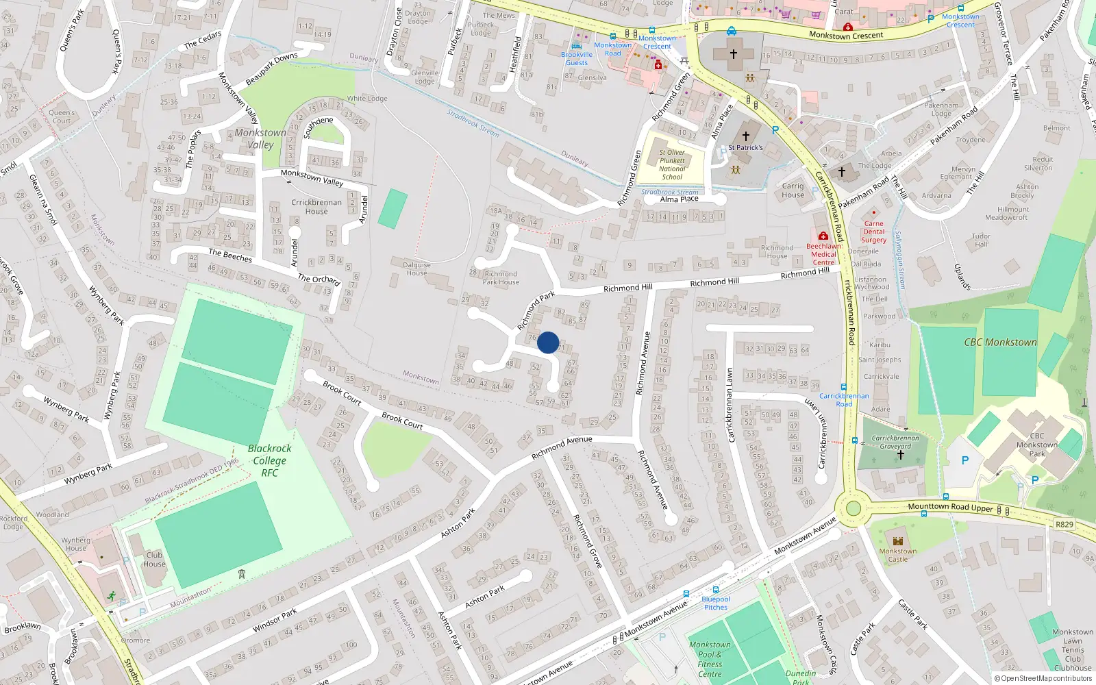 Overhead map showing the location of 74 Richmond Park, Monkstown, Co Dublin