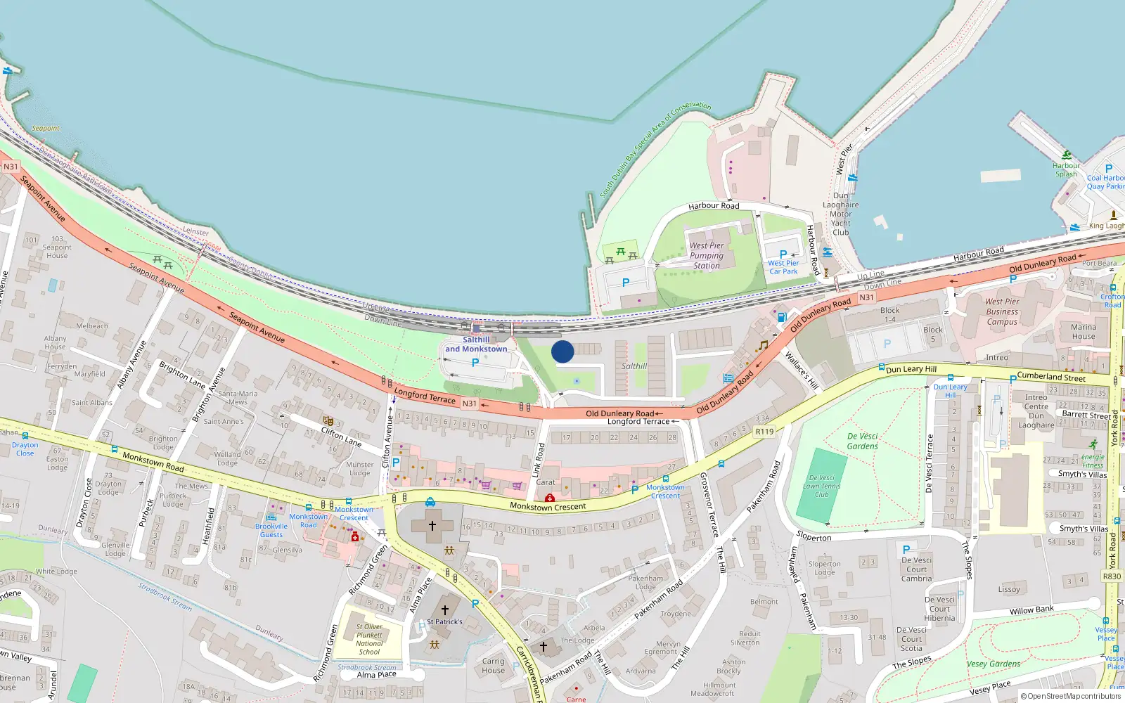 Overhead map showing the location of 74 Salthill Apts, Monkstown, Dun Laoghaire