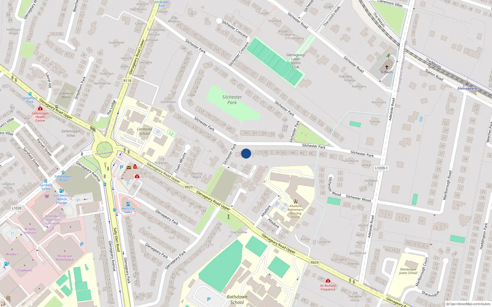Overhead map showing the location of 74 Silchester Park, Dun Laoghaire