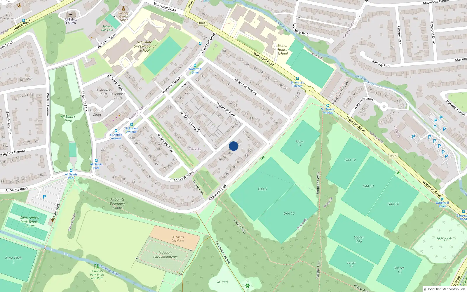 Overhead map showing the location of 74 Saint Anne's Avenue, Dublin 5