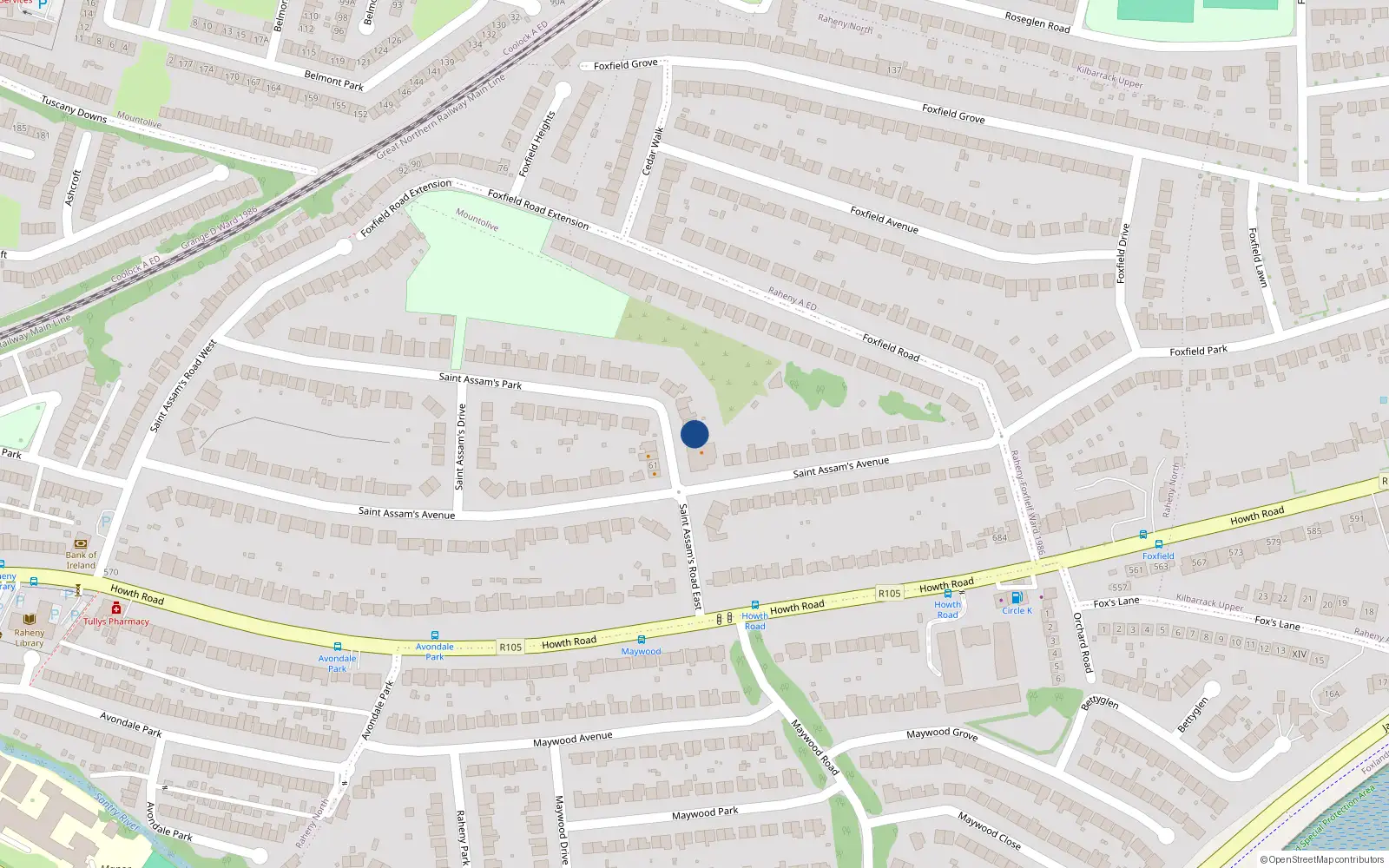 Overhead map showing the location of 74 St Assams Park, Raheny, Dublin 5