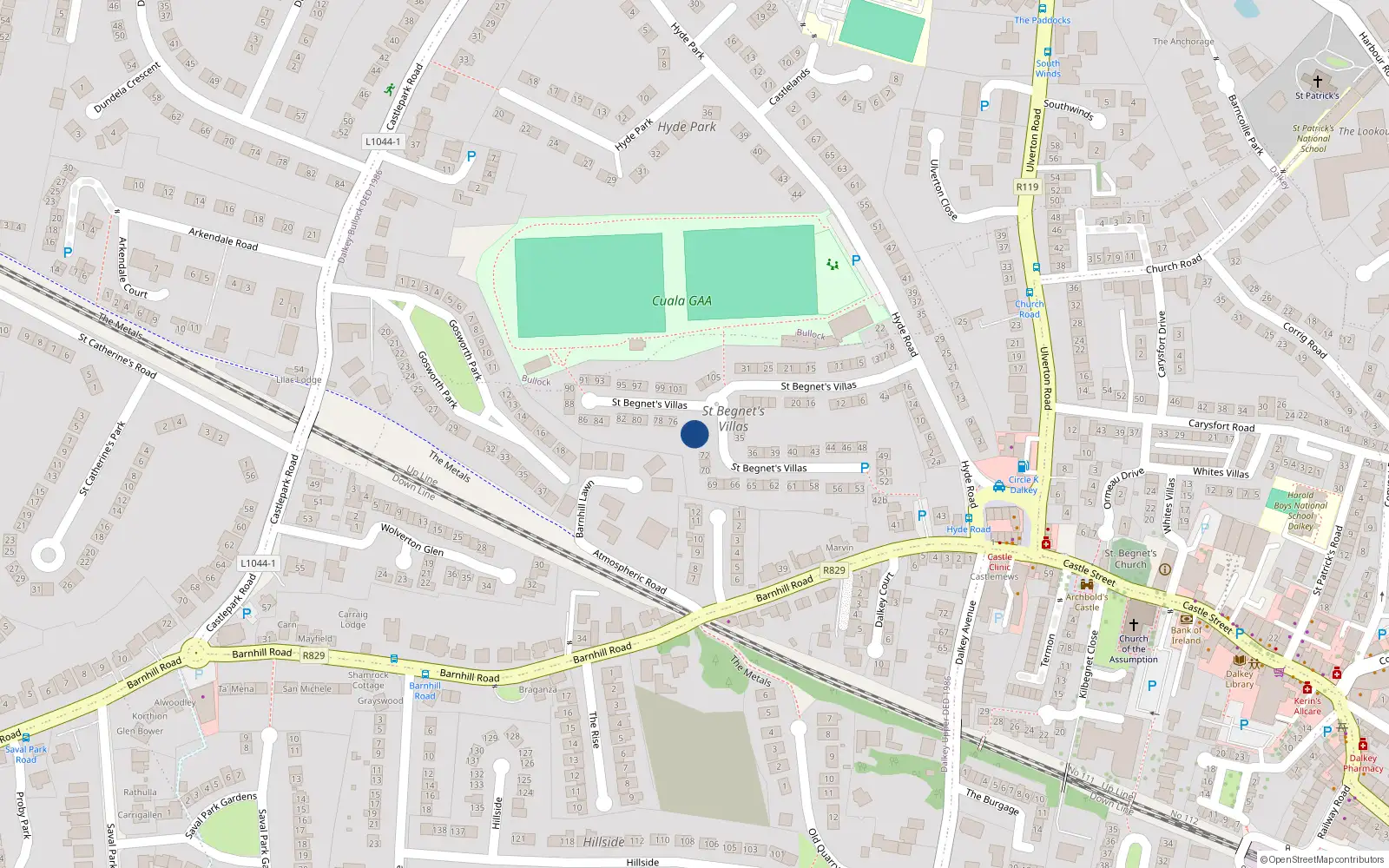 Overhead map showing the location of 74 St Begnets Villas, Dalkey, Dublin