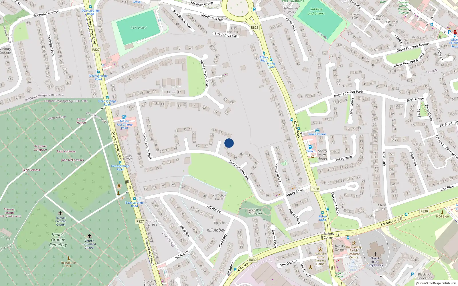 Overhead map showing the location of 74 St Fintans Park, Deans Grange, Blackrock