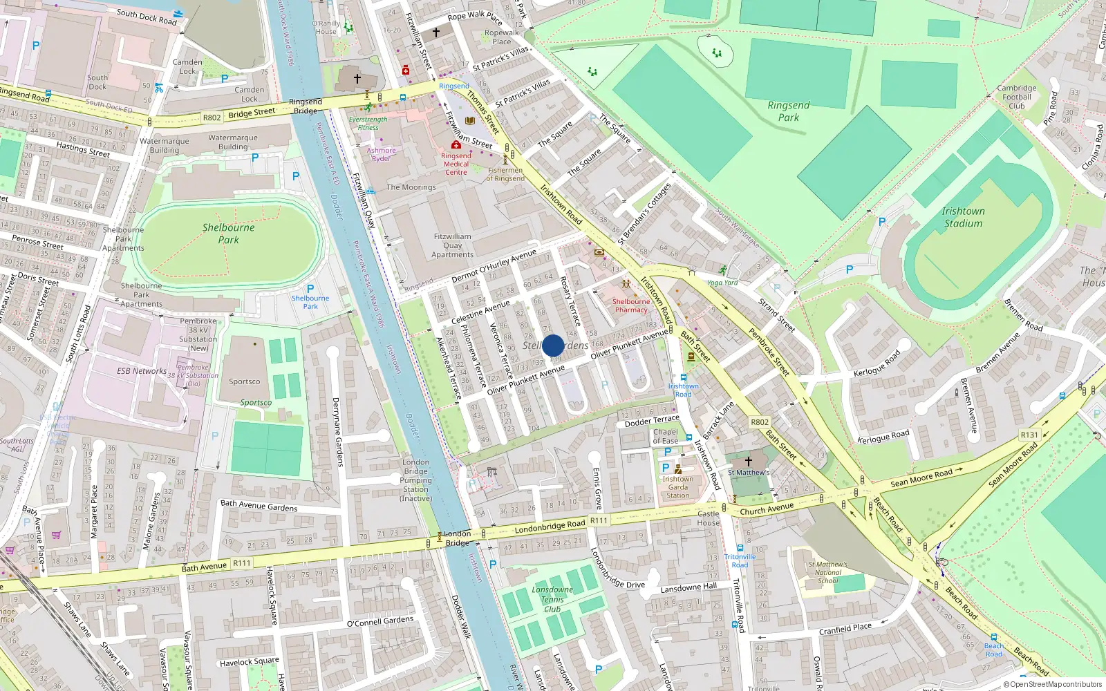 Overhead map showing the location of 74 St Magdalen Terrace, Stella Gardens, Irishtown Dublin 4