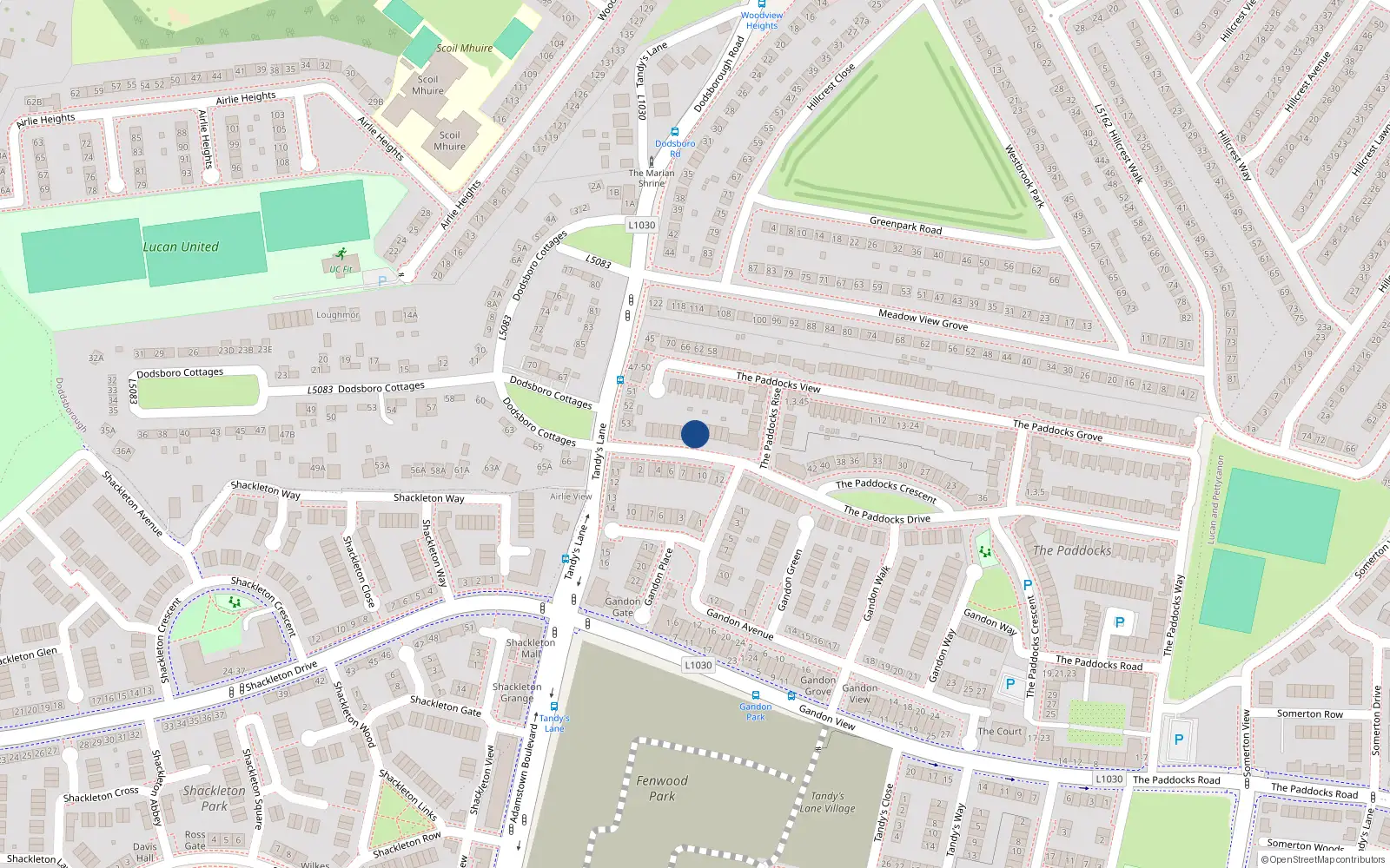 Overhead map showing the location of 74 The Paddocks Drive, Lucan