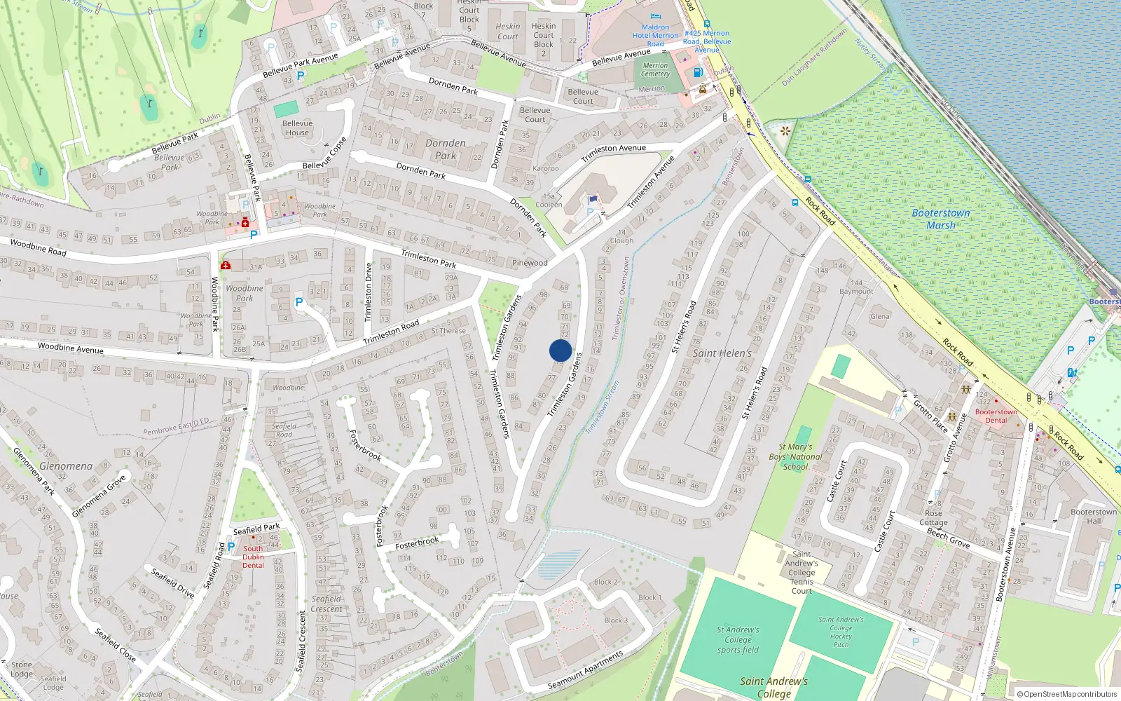 Overhead map showing the location of 74 Trimleston Gardens, Blackrock, Co Dublin