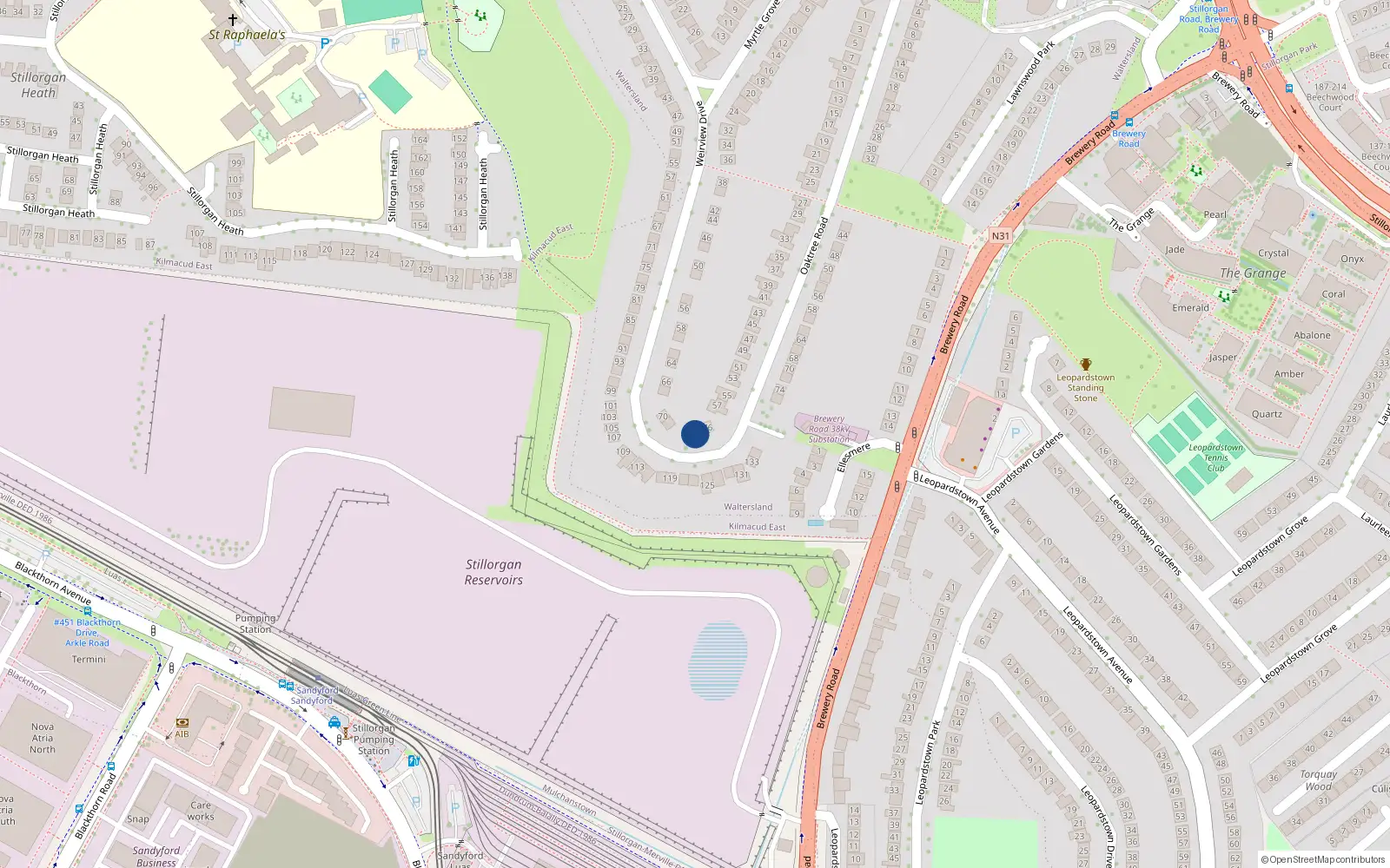 Overhead map showing the location of 74 Weirview Drive, Stillorgan, Dublin
