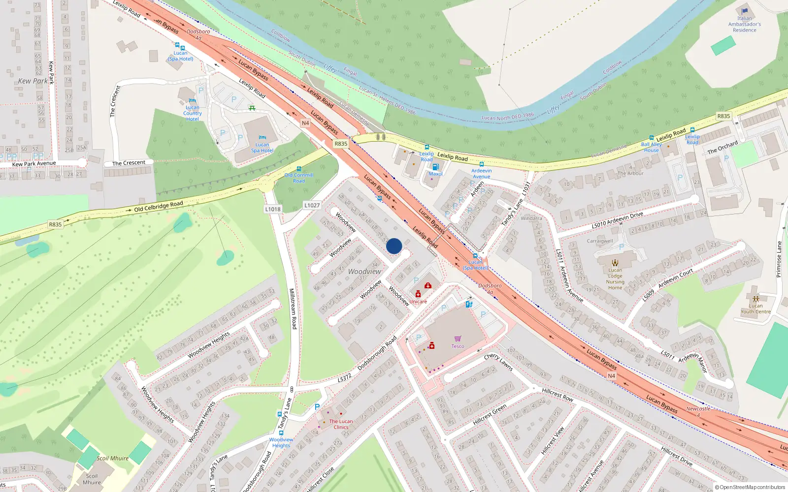 Overhead map showing the location of 74 Woodview, Lucan