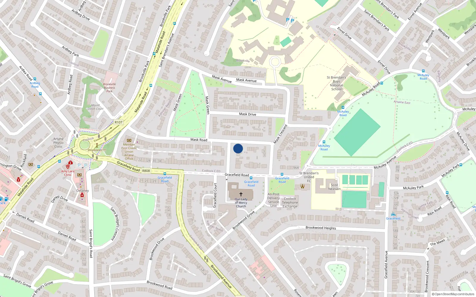 Overhead map showing the location of 74A Gracefield Road, Dublin 5