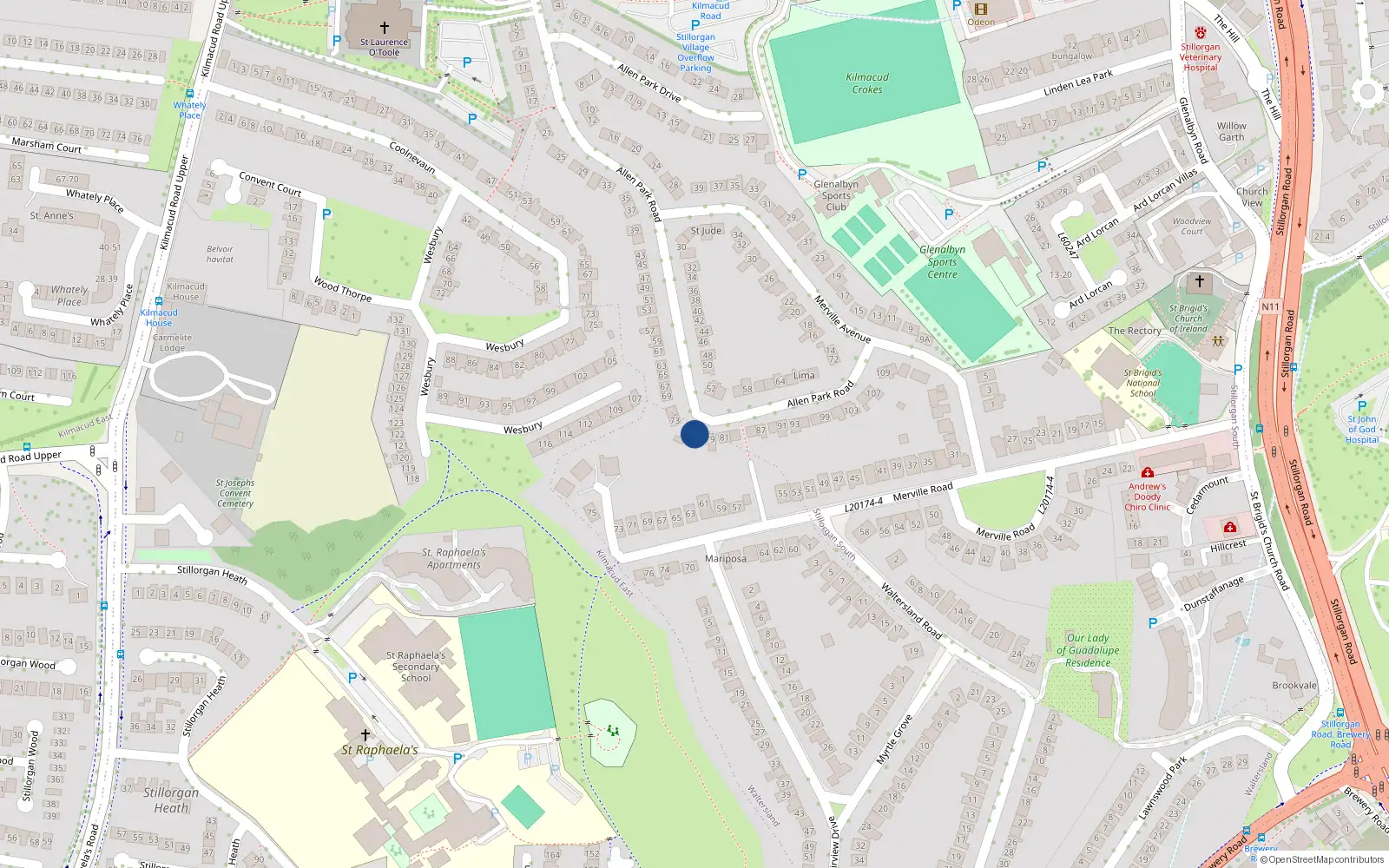 Overhead map showing the location of 75 Allen Park Road, Dublin